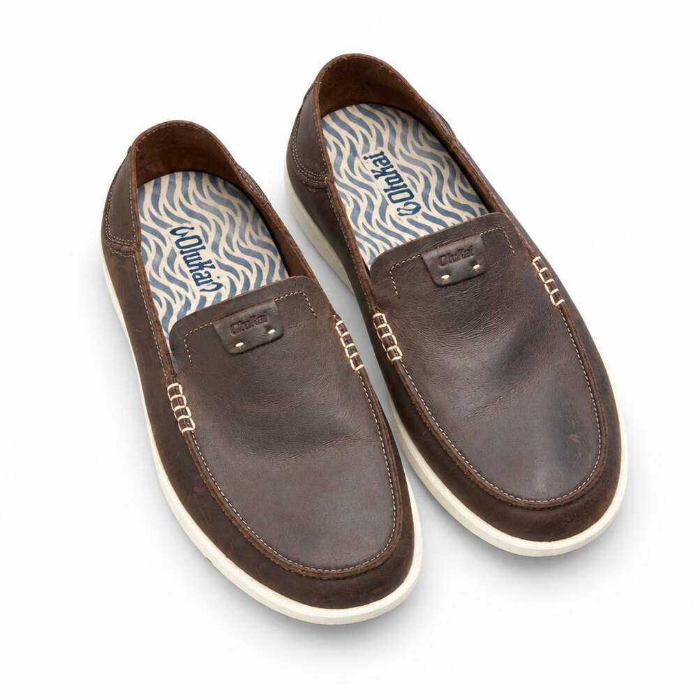 OluKai Kakaha Mens 13 Dark Java Brown Leather Slip On Loafers Shoes 10490-4848